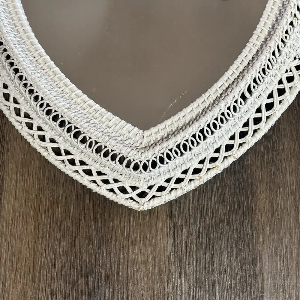 Vtg Open Weave Heart Shaped White Wicker Wall Mirror Boho Shabby Chic 18X19